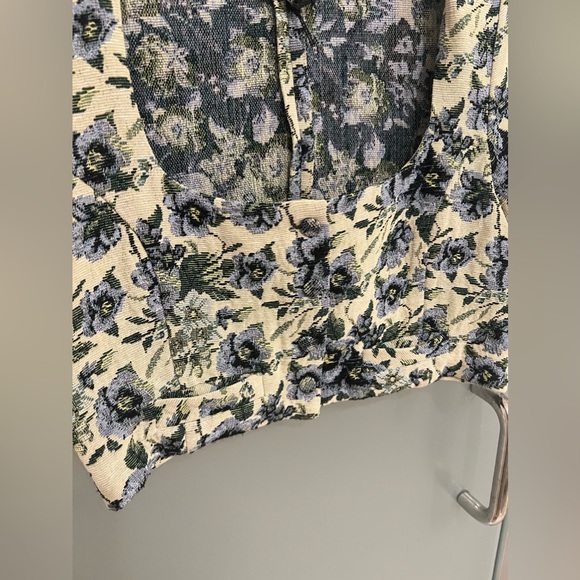 NEW En Saison Jacquard vintage fall floral green blue crop blouse - Picture 8 of 10